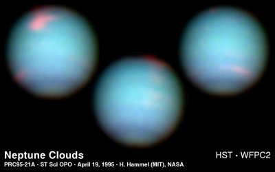 Three images of clouds on Neptune