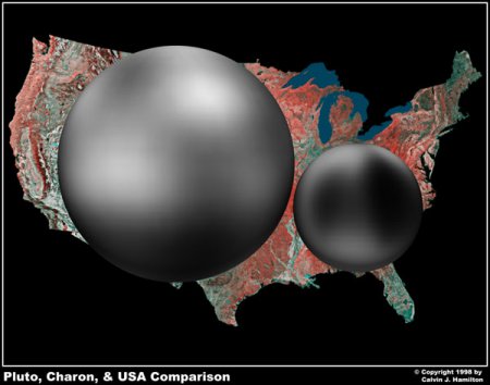 Planet Pluto and Charon silhouetted on map of USA