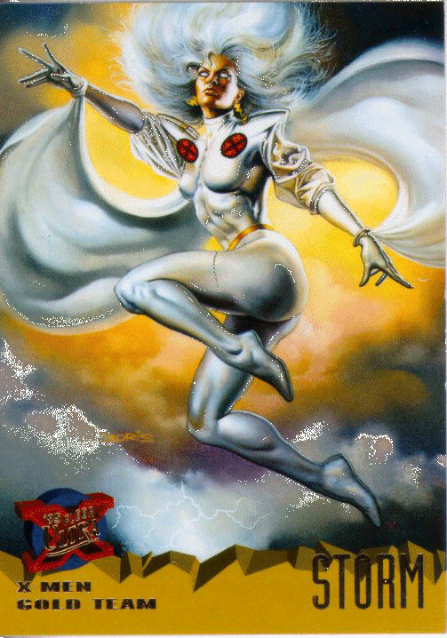 Graphic of X-men Gold Team Storm, flying among the clouds.