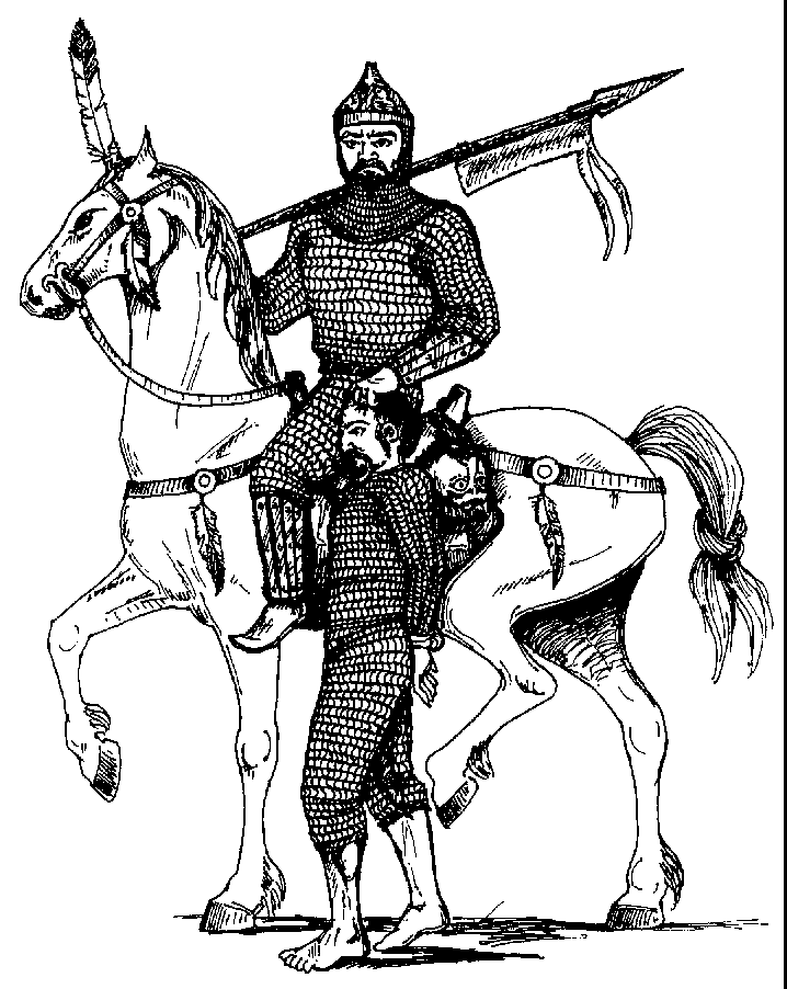 Mounted Avar warrior leading captive, both in Hauberks tied below the knee