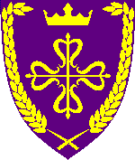 Purpure, a Calon Cross and in chief a Crown all within a Bordure or
