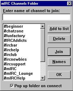 A janela mIRC Channels Folder