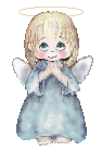 Animated graphic of a flying, praying Angel.