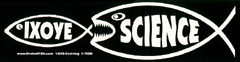 Graphic of christian fish symbol being eaten by a larger science fish symbol