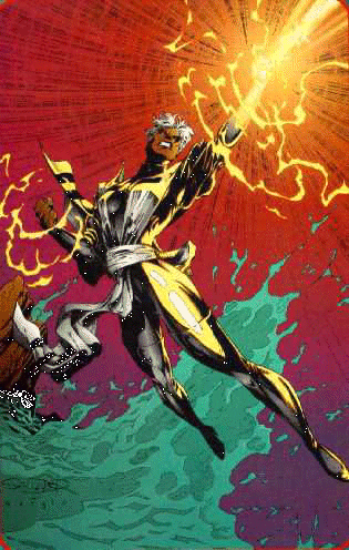 Graphic of storm, flying over the ocean, shooting lightening bolts.