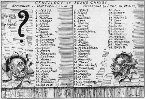 Graphic of differences in the geneology of christ in different gospels.