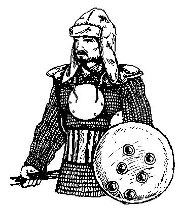 Nepalese warrior wearing round Chahar-Ai-Ne, cloth pauldrons, and armoured belt, over a Hauberk