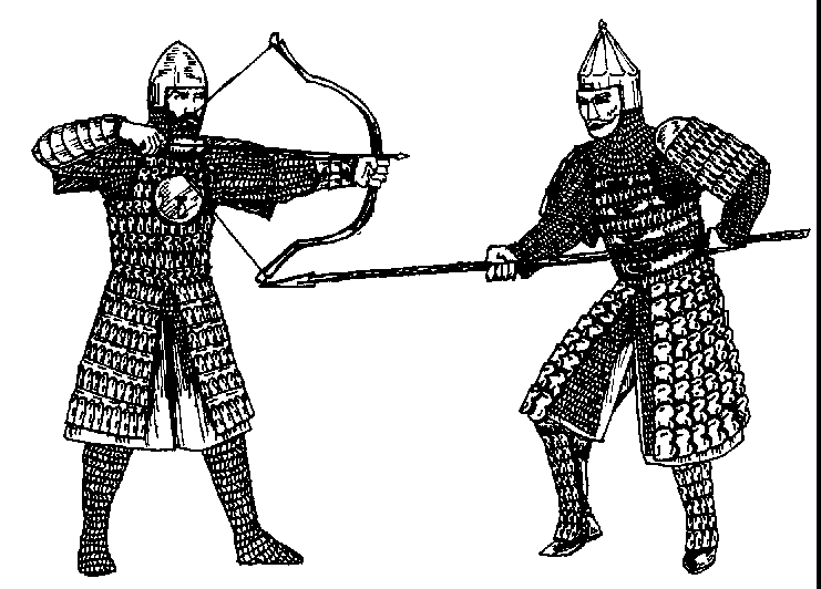 Two warriors wearing a variety of Lamellar armour.