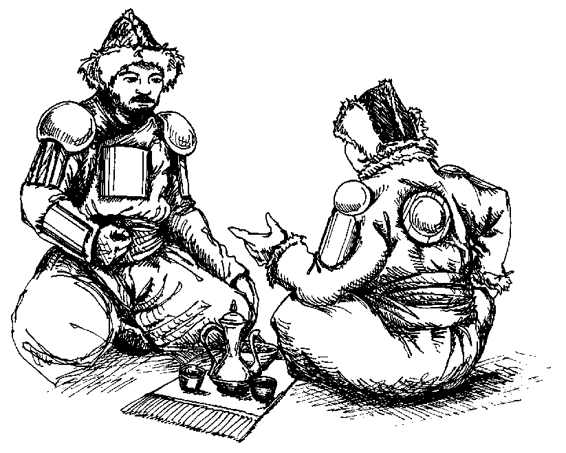 Two Nomads wearing Kaftans reinforced with Mirrors, rounded pauldrons, and various plates on the arms
