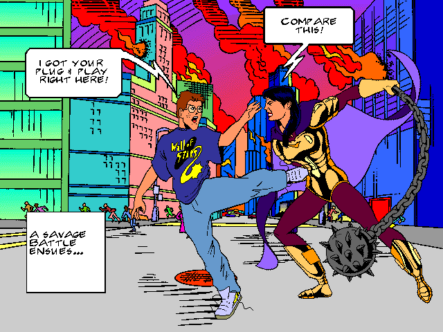 Mac One Comix panel: A savage battle ensues between Microsoft Nerdboy and Ms.
 Marketing with link to next panel