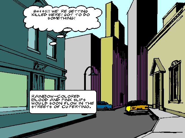 Mac One Comix panel: Blood in the 
streets. Linked to next panel.