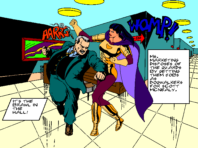 Mac One Comix panel: Ms. Marketing and the Big Guy trade 
 punches in the brawl in the hall with link to next panel.