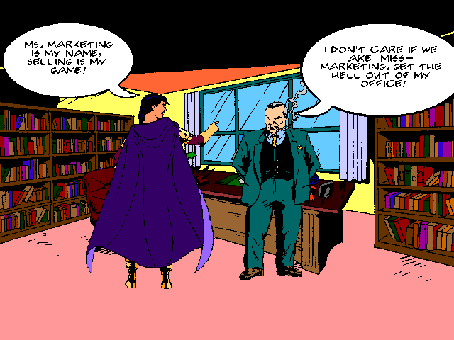 Mac One Comix panel: Ms. Marketing enters the office of 
the Big Guy. Linked to the next panel.