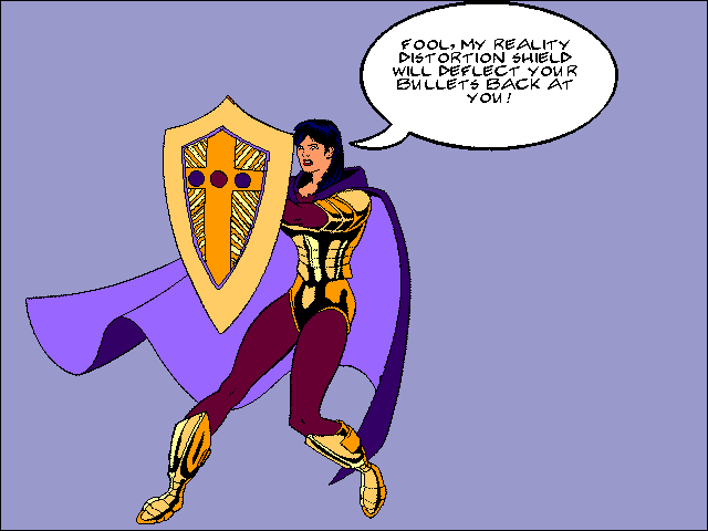 Ms. Marketing raises her Reality Distortion Shield in defense. Link to next panel.