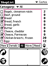 ShopList with item list highlighted