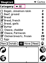 ShopList with category popup list highlighted