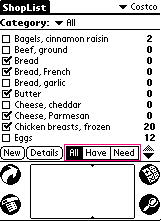 ShopList with filter selector buttons highlighted