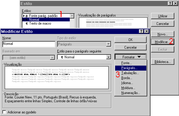 Modificação de um estilo no MS-Word 95.
