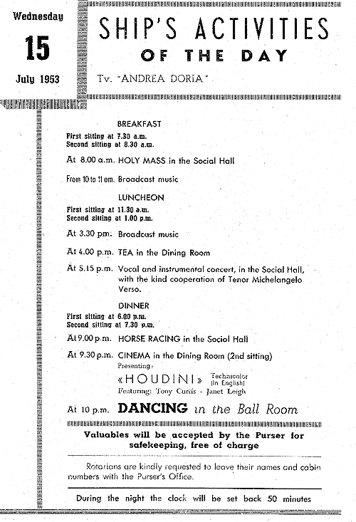Ship's Activities of the Day of July 15th 1953 of the Andrea Doria