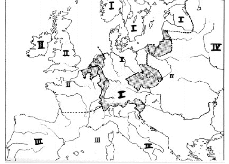 map showing the heraldic provinces of Europe, with the border districts in hatching
