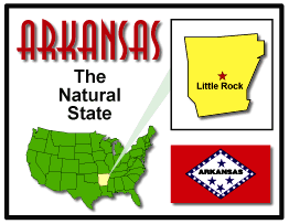 Arkansas-The Natural State, capital Little Rock, flag and map