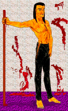 This is Sanger in one of his "good/bad" moments. Is it just paint? Or blood? Don't steal this picture. He'll hurt you.