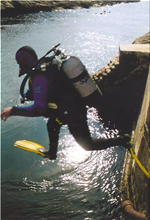 Diver performing Giant Stride Entry from concrete platform.