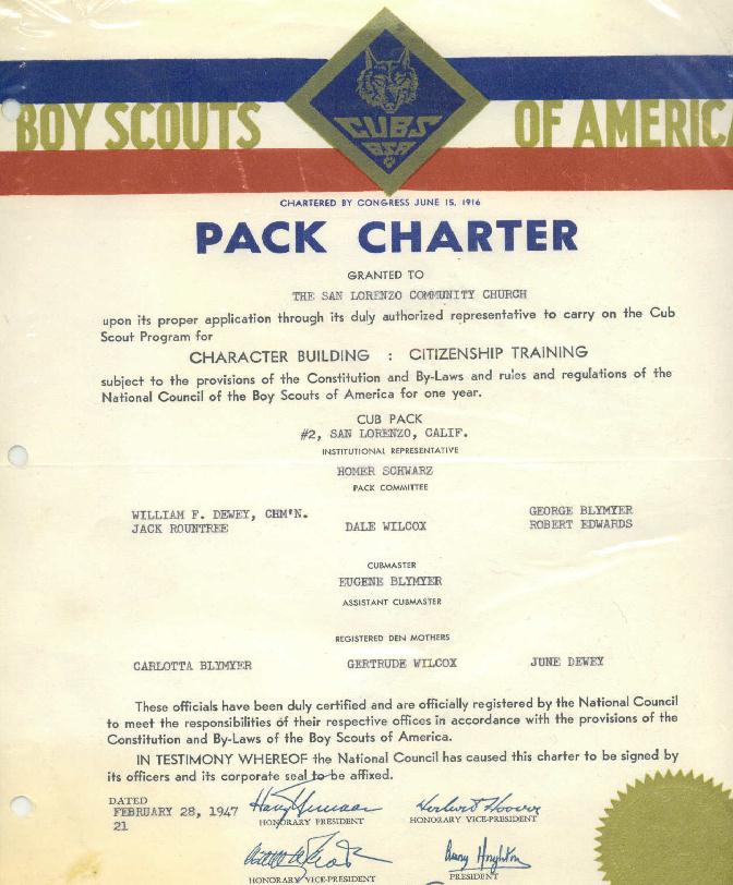 Original Charter to San Lorenzo Community Church for Pack #2 dated February 28, 1947