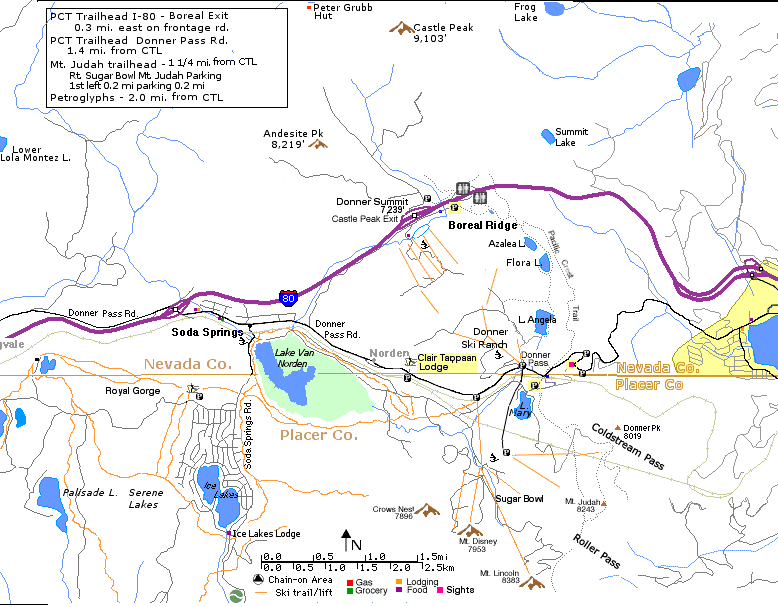 Donner Lake, Flora Lake, Mt. Judah, Donner Peak, Summit Lake, Soda Springs, Norden, Sugar Bowl
