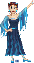 Here, Deryn Brightsword is dressed as an entertain with showy but negligible magical skills. Note the flame and feather effects. It's supposed to be showy, a bit fussy, and rather too much.