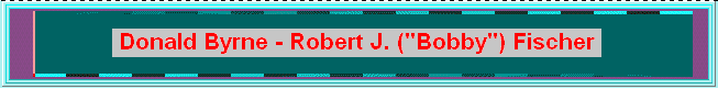 Welcome to MY web page on the 6th greatest game of chess ever played. Many hours of work went into bringing you this page. I hope you enjoy it. (page-banner, byr-fis1.gif; 05KB)