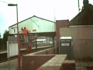Repainting canopy on Up platform. 8-Feb-2000