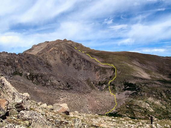 A look at the drop down off the ridge between Mt Harvard and Mt Columbia