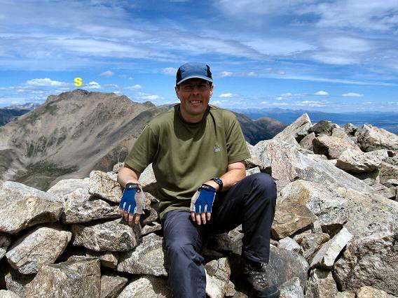 The summit of Mt Columbia with Mt Harvard in the background, I don't really know what I am smiling about?