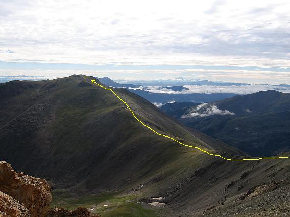 The route from the summit of Mt Belford over to Mt Oxford comes into view