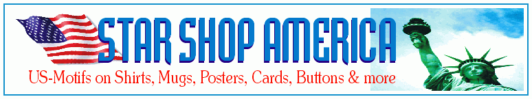 STAR SHOP AMERICA - Large collection of USA motifs on t-shirts, coffee cups, posters, buttons, postcards and various other printed custom gift items like sweat-shirts, stickers, bags, caps, mugs, prints, greeting cards, stamps, calendars, journals, clocks, tiles, mousepads, thongs, pillows, plushtoys, dog t-shirts, BBQ aprons, apparel, housewares, home, office, auto goods and much more - all products manufactured in best quality and available for delivery in 2-3 days !