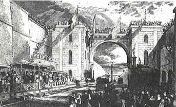 The Moorish Arch at Edge Hill  1830 with The Duke of Wellington in the train on the left.