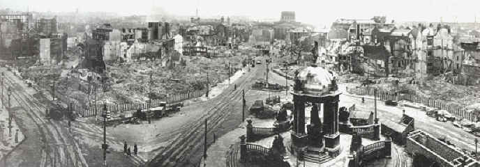 The Victoria Monument stands unscathed in the midst of dereliction looking down towards Lord St.